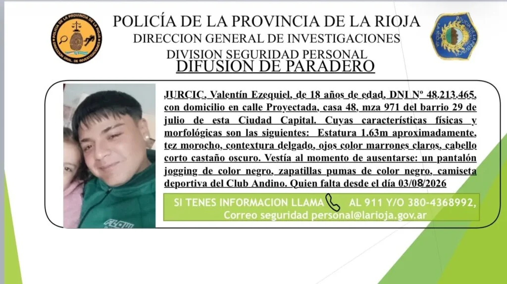 Búsqueda intensificada por Valentín Ezequiel Jurcic, desaparecido desde agosto