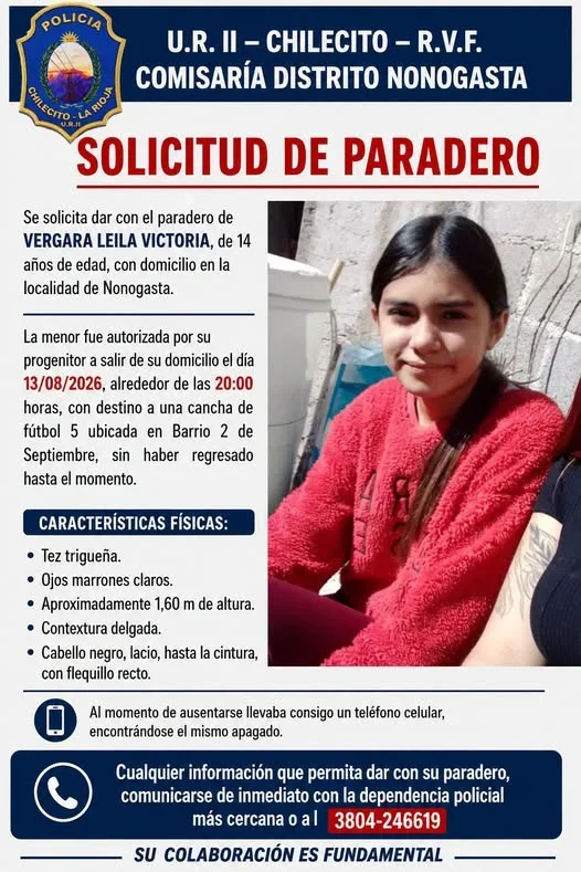 Nonogasta se moviliza para encontrar a Leila Victoria Vergara, desaparecida desde hace días