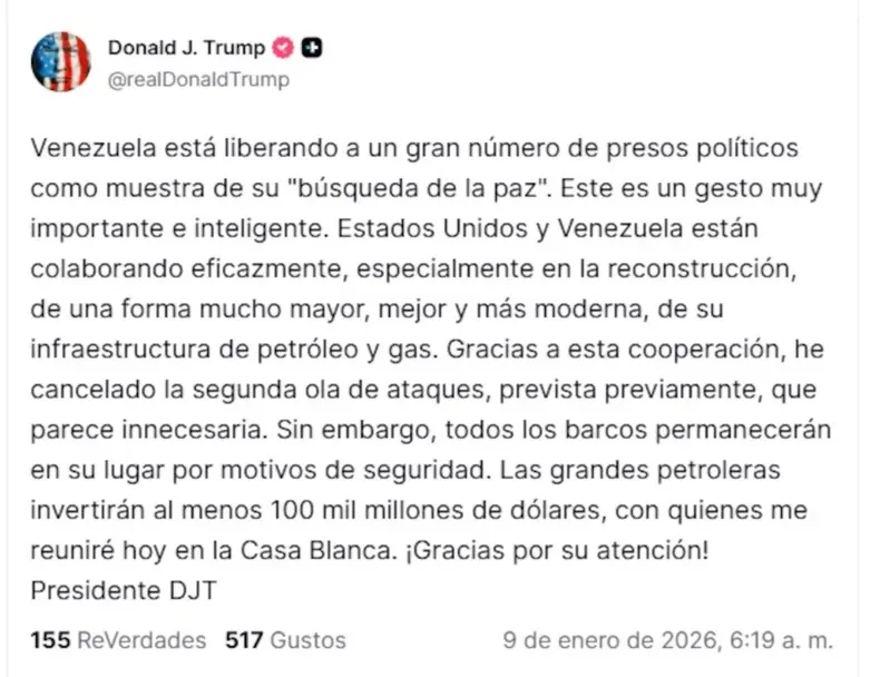 Trump anunció la cancelación de la segunda ola de ataques a Venezuela luego de la liberación de los presos políticos